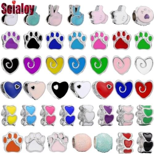 Seialoy 9 Color Enamel Victory Gesture Beaded Animal Footprints Beads Heart Charm Fit Diy Bracelets Necklace Jewelry Making
