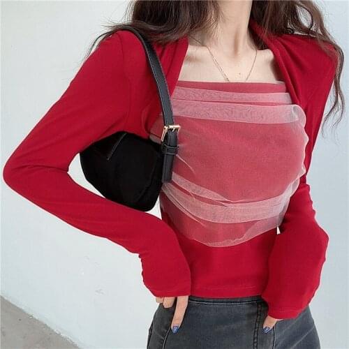Vintage Mesh Patchwork Women T Shirt Spring Square Collar Slim Female Tops Tee Shirts Casual Long Sleeve Short Style Tshirt