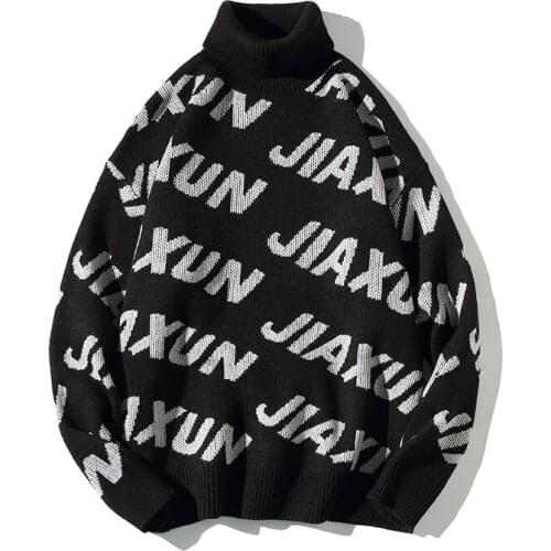 Japan Style Autumn Winter New Turtleneck Simple Loose Casual Letter Print Knitted Oversized Sweaters Men Clothing Streetwear 3XL