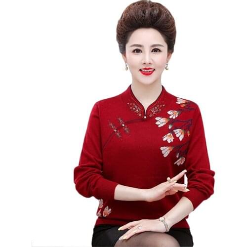 High Quality Womens Cashmere Sweater Fashion Cheongsam Style Embroidered Pullover Autumn Middle-aged Mom Knitted Top 4XL W2165
