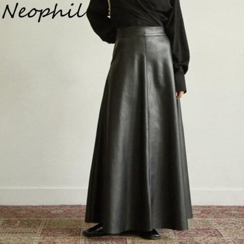 Neophil 80cm Pockets 2021 Winter Women Pu Faux Leather Skirts High Waist Elastic Latex Female Chic Flare Flare Long Skirt S21847