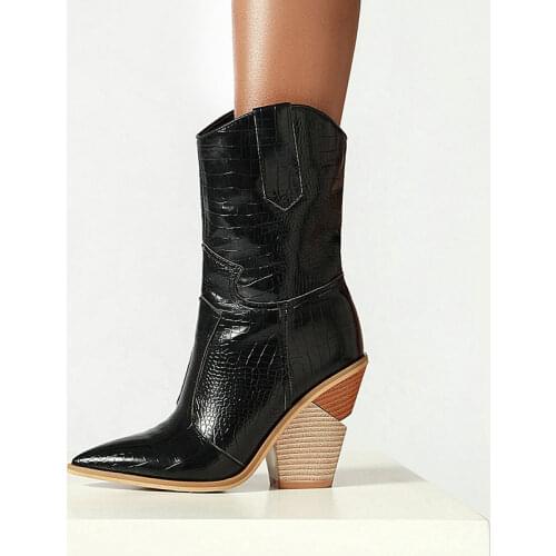 Autumn Women Boots Pu Leather Wedge High Heel Ankle Boots Pointed Toe Winter Cowboy Boots Fashion Western Boots Black White 2019