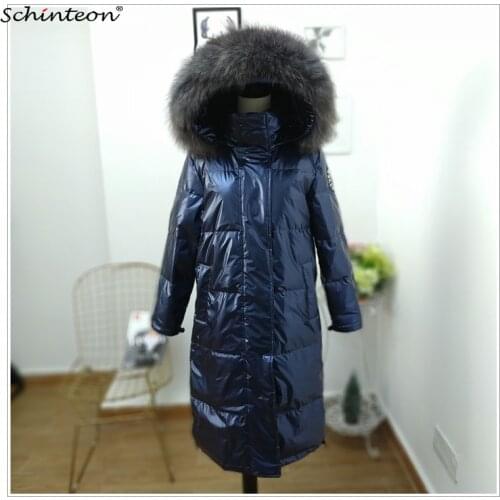 Schinteon Women Down Jacket with Real Fur Collar Hood Loose Winter Warm Thick Outwear White Duck Down Long Coat Over Size