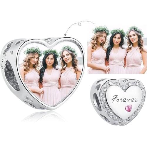 Pink Shiny Crystal Forever Custom Photo Beads fit Friendship Charm Bracelets Necklace Women 925 Sterling Silver Jewelry Gift