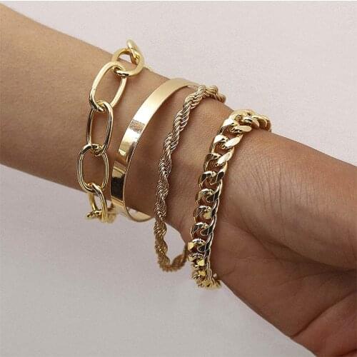 4Pcs/Set Hip Hop Chunky Thick Miami Curb Cuban Bracelets Bangles Layered Punk Metal Twisted Chain Bracelet Set Jewelry Gift