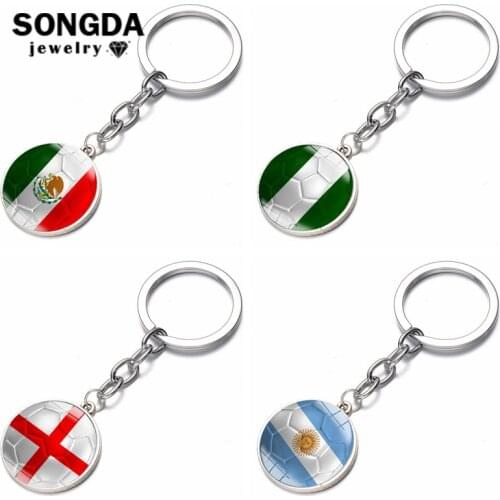 SONGDA World Football Match Nationl Flag Keychain Nigeria England Mexico Argentina Art Glass Dome Key Ring Bag Purse Bag Pendant
