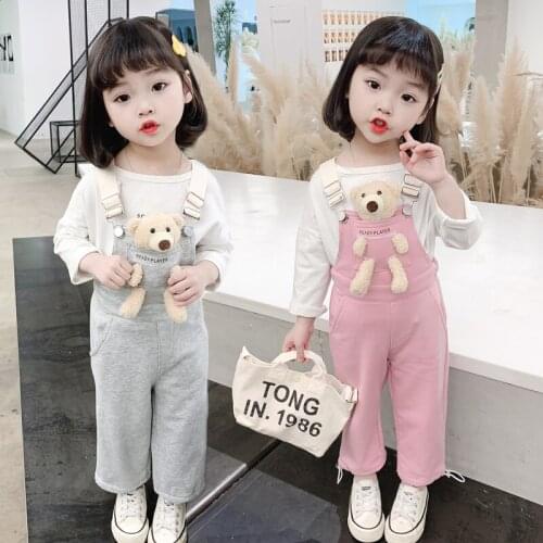 Children Clothing Girl Jumpsuit Pant With Cartoon Bear Cotton Long Pants Overalls For 2-7 Years Girls Princess Casual Trousers