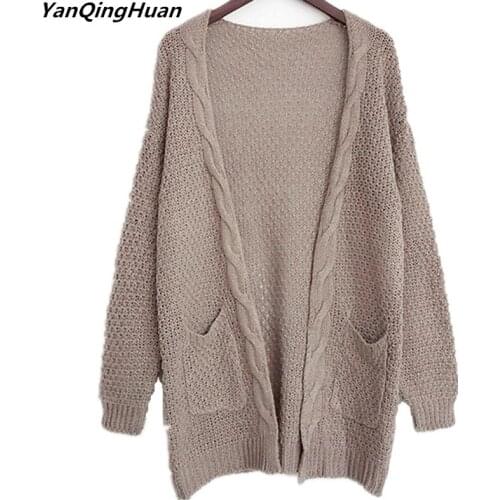 Long Cardigan Women Long Sleeve Knitted Cardigans Winter Womens Sweaters 2018 New Mid-length Solid Color Pocket Loose Sweater