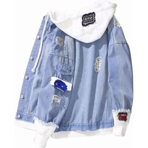 Spring autumn trend men denim jacket loose fake two-piece hooded stitching Jeans Coats print Ripped Stretch Outerwear Cloth