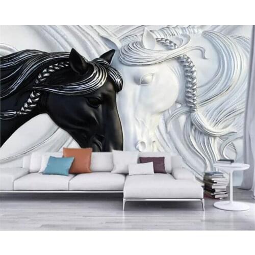 Custom Photo Wallpaper For Walls 3D Art Fashion Murals Black White Double Horses Embossed Non-woven Wallpaper Wall Coverings