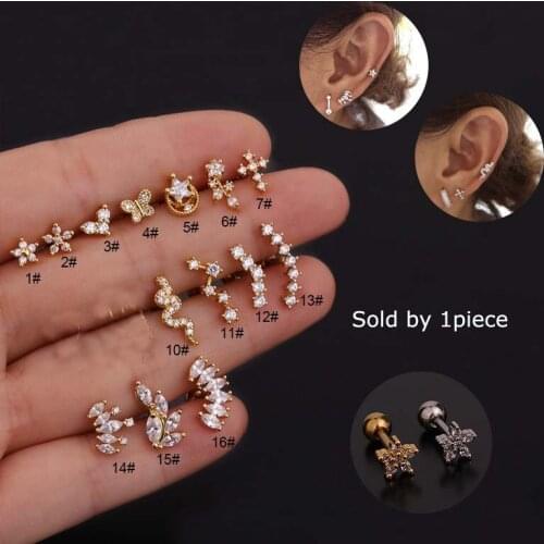 1piece Screw Stainless Steel Ear Stud 16G 6mm Length Upper Lobe Tragus Helix Piercing Copper with Zircon