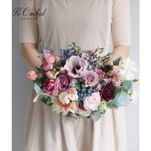 PEORCHID Artificial Pink Purple Wedding Bouquet Luxury Romantic Bridal Bouquet Rose Bride Hand Hold Flower Decoration