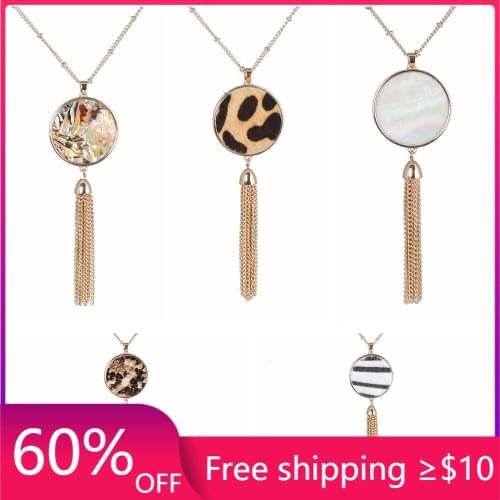 Abalone shell Leopard Round Pendant Necklace snakeskin leather wood grain Tassels Long Chain Necklaces designer Brand Jewelry