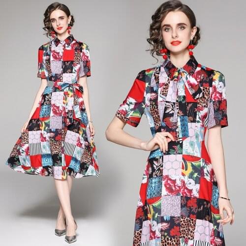 Summer Color Block Floral Dresses Knee-Length Woman Dress Bohemian Flower Print Turn Down Collar Shirt Dresses Chinese Fashion
