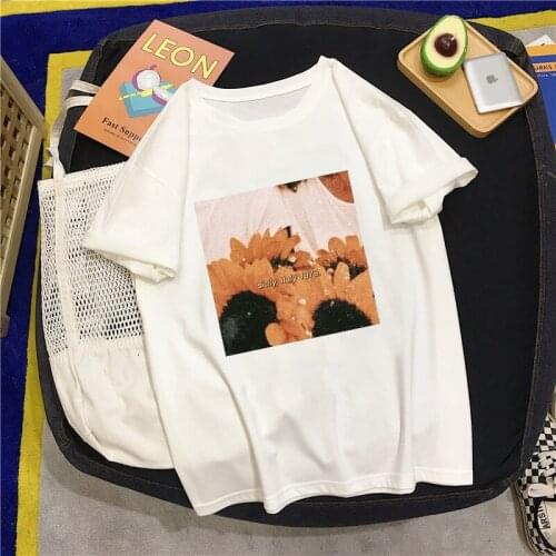 Sunflower print Summer Art Leisure Loose Literature Fun Retro T-shirt Short-Sleeve plus size Harajuku Chic Womens Clothing Tops