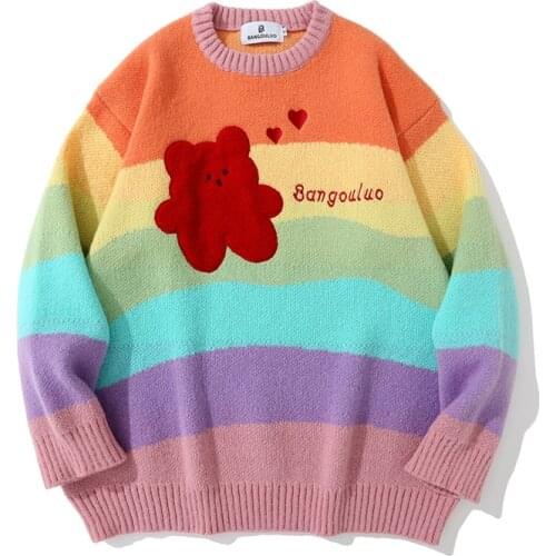 Japanese Harajuku Cute Knitted Rainbow Sweater for Men and Women Oversized Streetwear Colorful Striped Rainbow Pullover Jumper