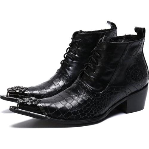 Pointed Toe Embossed Leather Oxfords Men Shoes Martin Boots Western Cowboy Ankle Boots England Trendy Mens High Top Shoes 37-46