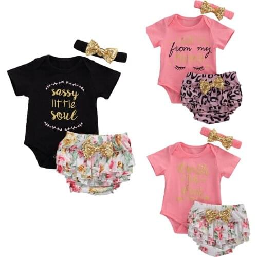 Newly Summer Baby Girls Boys Clothes Sets 3pcs Letter Floral Print Romper Tops Shorts Headband 0-24 Months