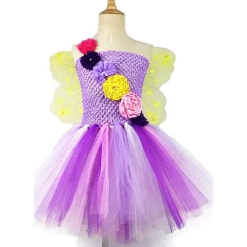 Girls Fairy Purple Flower Tutu Dress Baby Crochet Tulle Dress with Yellow Butterfly Wing Set Kids Party Cosplay Costume Dresses