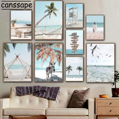 Beach Landscape Canvas Poster Palm Tree Wall Art Print Sea Surf Painting Seagull Wall Pictures Nordic Posters Living Room Decor