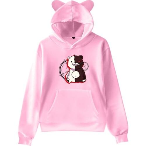 Popular Kids Pink Hooded Anime Monokuma Cat Ear Hoodies Men Women Sweatshirts Casual Autumn Hip Hop Pullovers Clothing