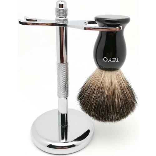 TEYO Black Badger Hair Shaving Brush and Shaving Stand Set Perfect for Wet Shave Soap Beard Brush Razor
