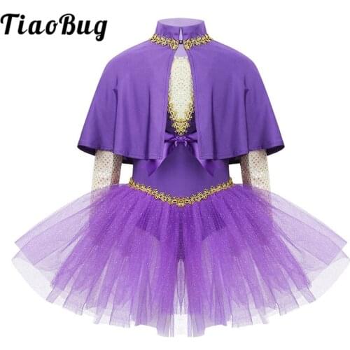 TiaoBug Kids Performance Dance Costume Sequins Glitter Mesh Tutu Dress Girls Ballet Gymnastics Leotard with Cape Arm Sleeves Set