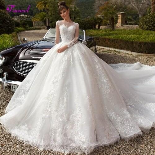 Fsuzwel Gorgeous Appliques Royal Train Ball Gown Wedding Dress 2020 Luxury Scoop Neck Beaded Long Sleeves Customized Bridal Gown