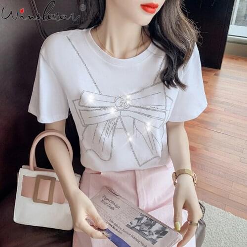 Summer 2021 White T-shirt Women Bow Diamonds Beading Cotton O-neck Short Sleeve Preppy Style Casual Tops Tees T17517A