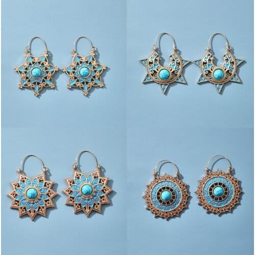 Tocona Vintage Gold Blue Color Stone Drop Earrings for Women Alloy Metal Star Ethnic Hoop Dangle Mandala Earrings Boho Jewelry
