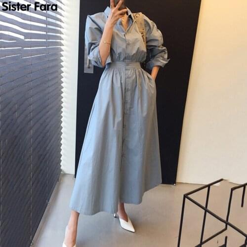 Sister Fara New Spring 2021 Chic Turn-down Collar Shirt Dress for Women Single Breasted Dresses Office Lady Elastic Waist Dress