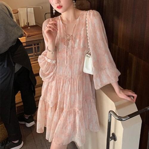 Pink Floral French Princess Dress Women Elegant Fairy V-neck Party Mini Dress Female Vintage Long Sleeve One-piece Dress Korean