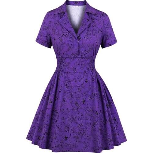 Purple Animal Printed Goth Gothic Dress Retro Vintage Plus Size 50s 60s Sundress Short Sleeve Women Summer Dresses Robe Femme