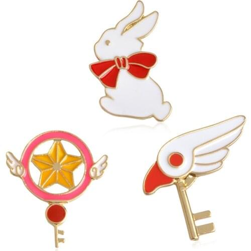 3 Piece Set Cute Cartoon Angel Wings Gold Rabbit Variety Sakura Magic Bar Brooch Oil Craft Button Girl Gift Bag Jewelry Wholesal