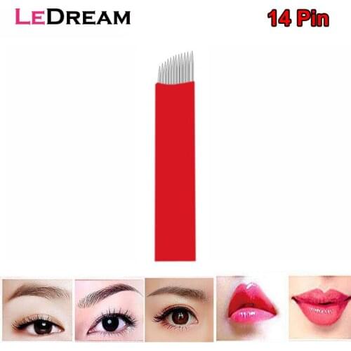 5PCS/lot Red 14 Pin Slant Microblading Tattoo Needles Micro Blades Cartridges Tips For Permanent Eyebrow Makeup Manual Pen