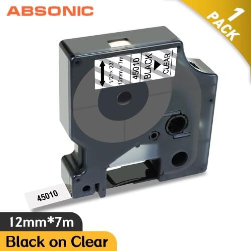 Absonic Compatible for Dymo 45010 d1 LM210D LM420P LM360D Label Tapes Black on Clear 12mm*7m Label Maker Letter Printer Ribbon