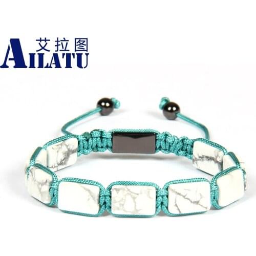 Ailatu Wholesale Mens Luxury Brand Jewelry 10pcs/lot 8x12mm Natural White Howlite Square Macrame Bracelets for Valentines Gift