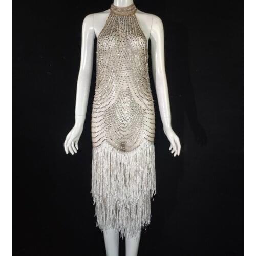 Shining Rhinestones Fringes Dress Women Birthday Celebrate Prom Party Outfit Sleeveless White Tassel Dance Costume Stage Wear