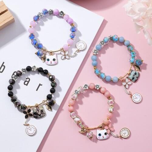 1PC Japanese Sweet Cute Simple Cat Clock Pendant Glazed Stone Beads Bracelet & Bangles for Women Girls Charm Jewelry Gift