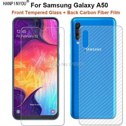 For Samsung Galaxy A50 SM-A505F 1 Set = Soft Back Carbon Fiber Film + Ultra Thin Premium Tempered Glass Front Screen Protector