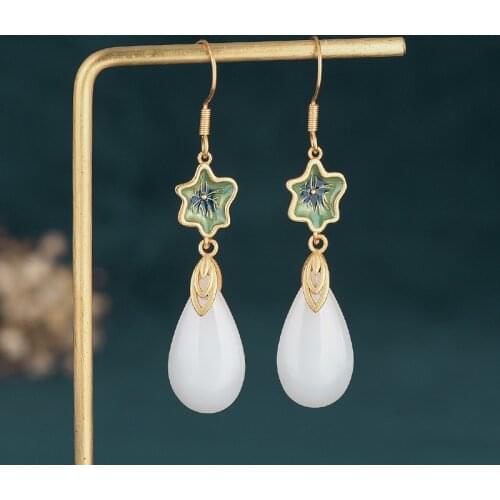 Elegant Star Earrings for Women White Jade Water Drop Tassel Earring Chinese Fashion Retro Palace Jewelry Girls Gift Kolczyki