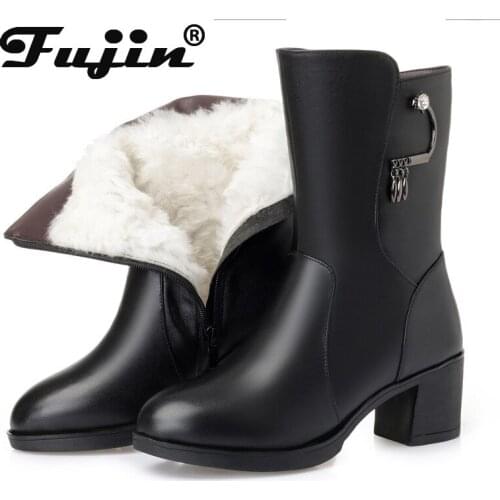 Fujin 2021 Genuine Leather Wool Women Snow Boots Warm Fur Warm Shoes Leather Plush Mid Calf Boots Platform Women Winter Boot