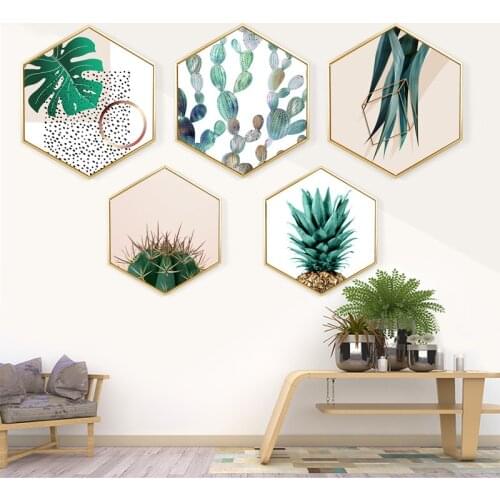 Northern European Style Canvas Painting Hexagon Wall Pictures For Living Room Framed Mirrors Europe Hallway Plant Tree leaf