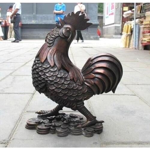 China Red Bronze exquisite carve Lucky Wealth Money chanticleer chicken statue