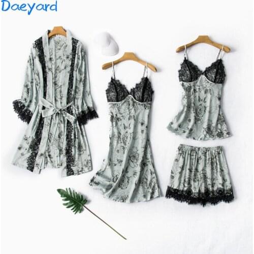 Daeyard 4PC Silk Pajama Set Women Sexy Lace Sleep Suit Satin Print Robe Gown Set V-Neck Pijama Spring Nightwear Home Clothes