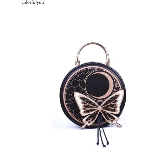 Gothic style Round bag women handbag Black butterfly moon shoulder bag Metal handle tote bags high quality PU leather lolita bag