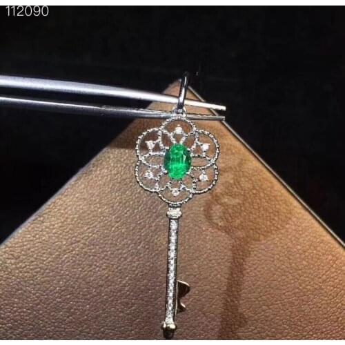Natural green emerald gem Pendant natural gemstone pendant necklace S925 silver ancient Hollowing Key girl gift fine jewelery
