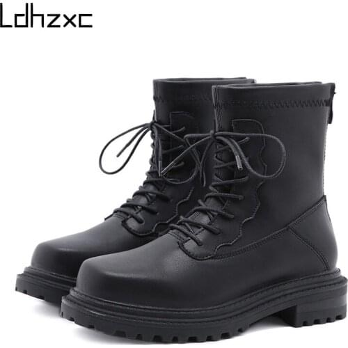 LDHZXC 2020 Autumn Drop Shipping Women Ankle Boots Lace-Up Sewing Black Square Toe Ladies Motorcycle Boots Fashion Female Shoes