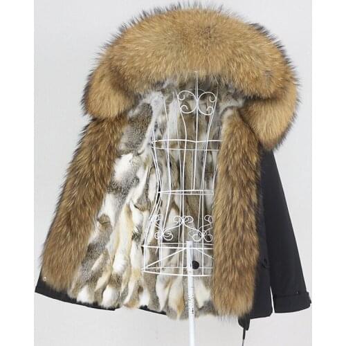 MENINA BONITA 2021 Winter Jacket Women Short Waterproof Parka Real Rabbit Fur Coat Natural Fox Raccoon Fur Collar Hood Removable