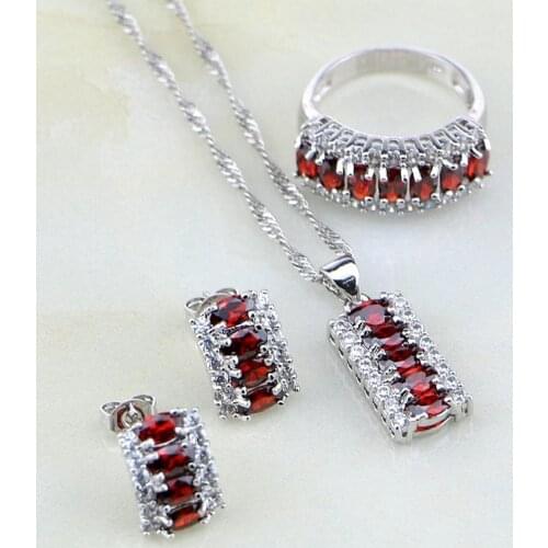 925 Sterling Silver Jewelry Red Garnet White Cubic Zirconia Jewelry Sets For Women Stud Wedding Earring/Pendant/Necklace/Ring